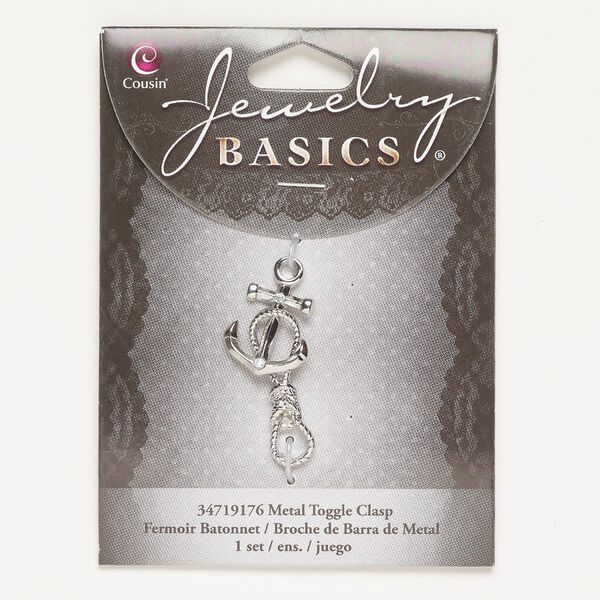 Clasp, toggle, brass and glass, pkg/1, 18x16mm anchor, silver finish and clear. image number 0