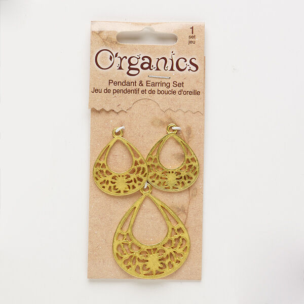 Focal and drop, gold-finished "pewter" (zinc-based alloy), 25x23mm and 35x33mm matte open teardrop with cutout design. Sold per pkg of 3. image number 0