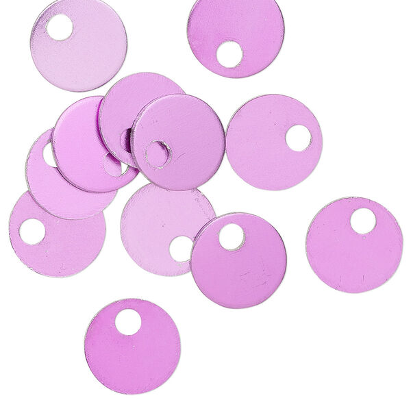 Drop, anodized aluminum, purple, 9mm double-sided flat round blank with 2mm hole, 20 gauge. Sold per pkg of 20. image number 0
