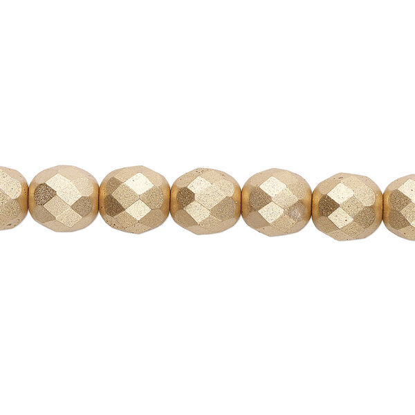 Bead, Czech fire-polished glass, opaque satin gold, 8mm faceted round. Sold per pkg of 600 (1/2 mass). image number 0