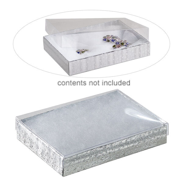 Box, plastic and paper, "cotton"-filled, silver and clear, 5-3/8 x 3-7/8 x 1-inch rectangle. Sold per pkg of 10. image number 0