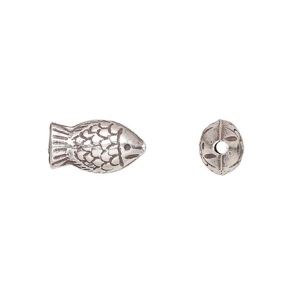 Bead, Hill Tribes, antiqued sterling silver, 13x8mm fish. Sold individually. image number 0
