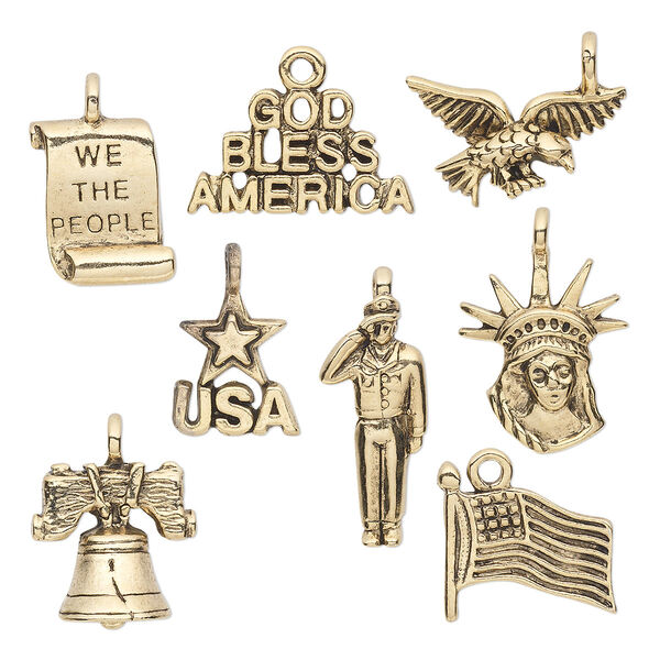 Charm set, antique gold-plated pewter (tin-based alloy), 14.5x9mm-23.5x18.5mm patriotic theme. Sold per 8-piece set. image number 0