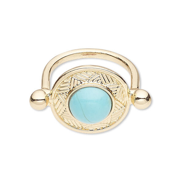 Ring, magnesite (dyed / stabilized) and gold-finished "pewter" (zinc-based alloy), turquoise blue, 20mm round, size 9. Sold individually. image number 0