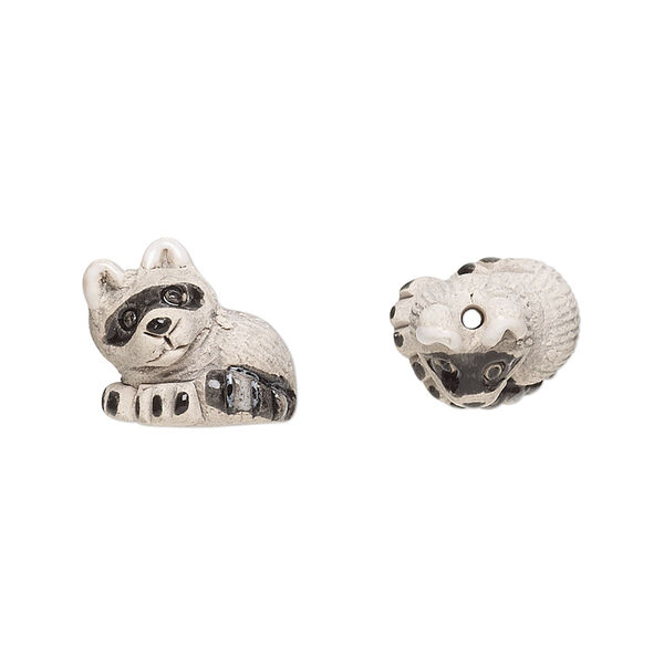 Bead, glazed ceramic, grey / black / white, 15x14mm hand-painted raccoon. Sold per pkg of 2. image number 0