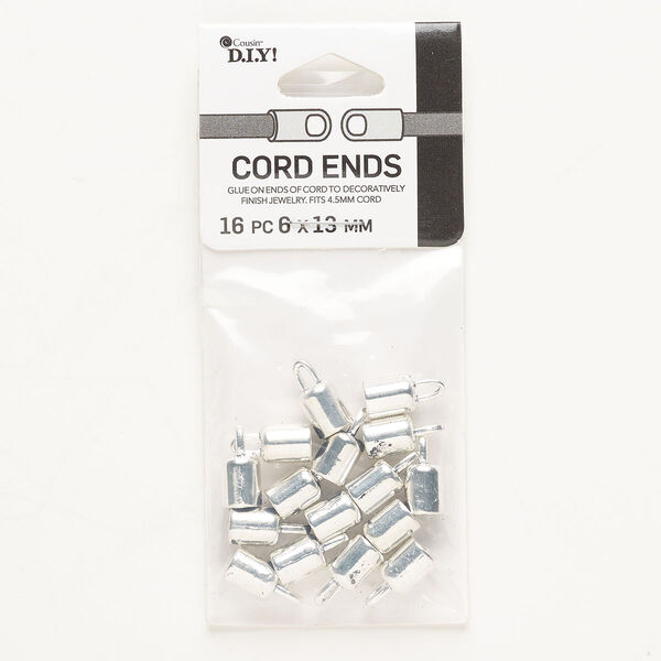 Cord end, "pewter" (zinc-based alloy), pkg/16, silver finish, 4.7mm glue-in. image number 0
