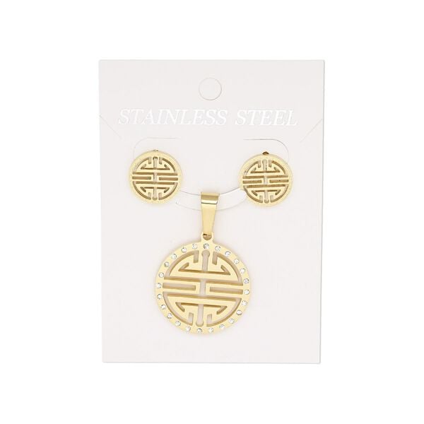Pendant and earring, glass rhinestone and gold-finished stainless steel, clear, 26mm round pendant with cutout Chinese translation for "long life," 14mm round with cutout Chinese translation for "long life" and post. Sold per set. image number 0