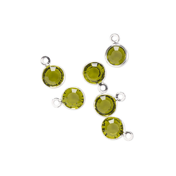 Drop, glass rhinestone and silver-finished brass, peridot green, 6-6.5mm faceted round. Sold per pkg of 6. image number 0