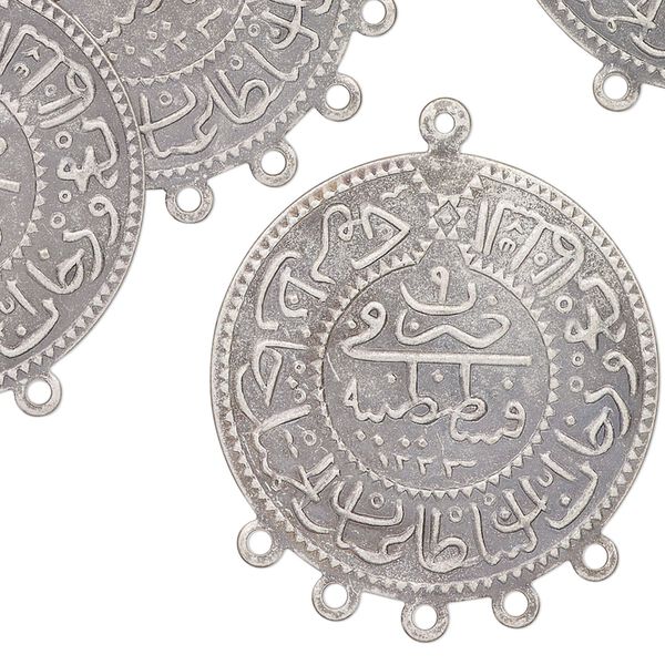 Focal, antique silver-finished "pewter" (zinc-based alloy), 30mm flat round with Arabic writing. Sold per pkg of 12. image number 0