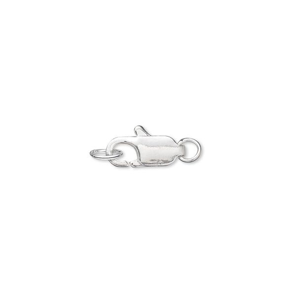 Clasp, lobster claw, silver-plated brass, 12x5mm with (2) closed jump rings. Sold per pkg of 100. image number 0