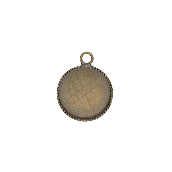 Drop, antiqued brass, 14mm round with beaded edge and 13mm round bezel cup setting. Sold per pkg of 6. image number 0