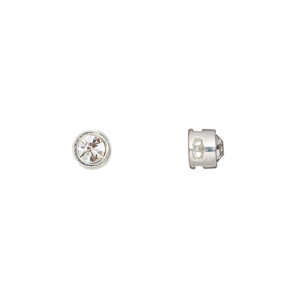 Spacer, glass rhinestone and silver-finished "pewter" (zinc-based alloy), clear, 6x5mm cross-drilled round with 4mm chaton. Sold per pkg of 6. image number 0