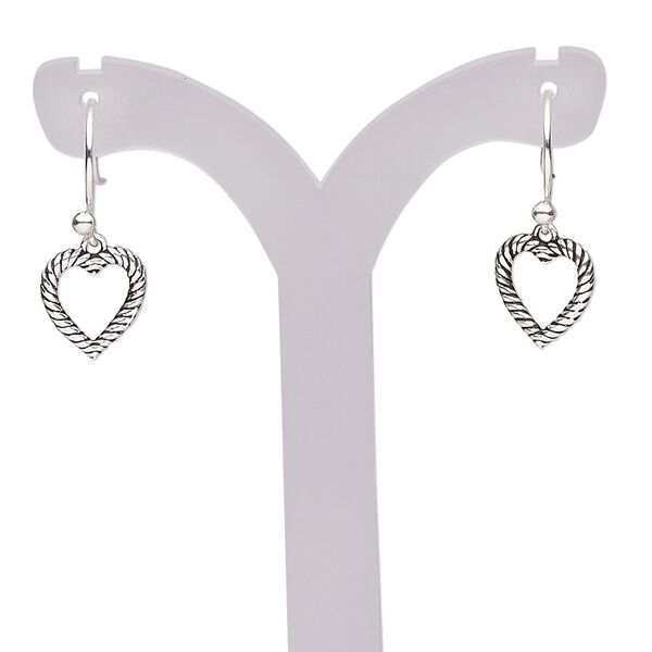 Earring, antiqued sterling silver, 21.5mm fishhook with open heart and rope design, 21 gauge. Sold per pair. image number 0