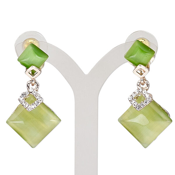 Earring, cat's eye glass / glass rhinestone / stainless steel / rose gold-finished "pewter" (zinc-based alloy), green / lime green / clear, 36mm with diamond and post. Sold per pair. image number 0