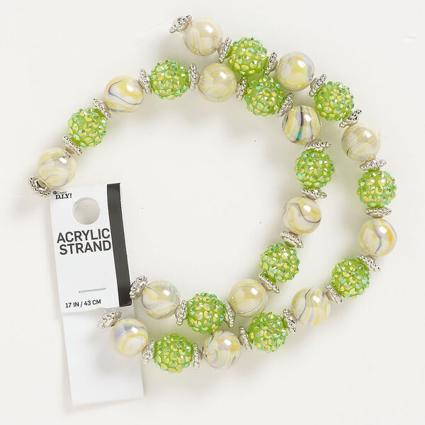 Bead, acrylic, opaque and translucent green / yellow / silver, mixed sizes. Sold per 17-inch strand. image number 0