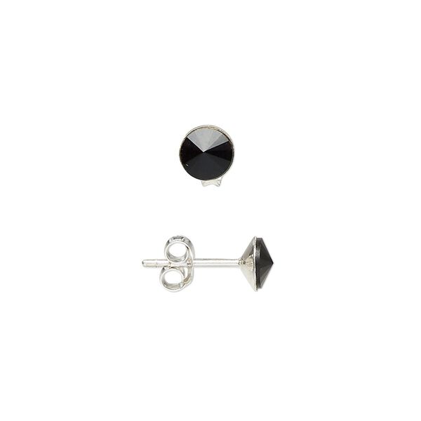 Earring 1pkg2 sterling silver, 6mm round earstud / earnuts, glass jet 1 pair image number 0