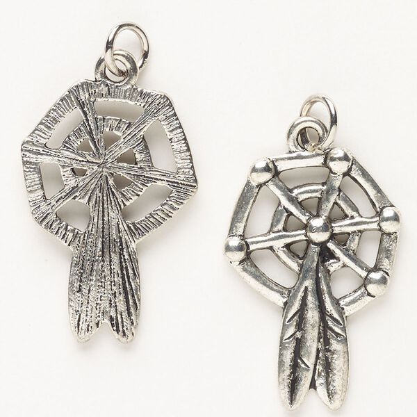 Charm, "pewter" (zinc-based alloy) and steel, pkg/2, antique silver finish, 28x18mm single-sided dreamcatcher. image number 0