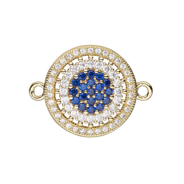 Link, cubic zirconia and gold-finished brass, clear and dark blue, 19mm single-sided round. Sold individually. image number 0