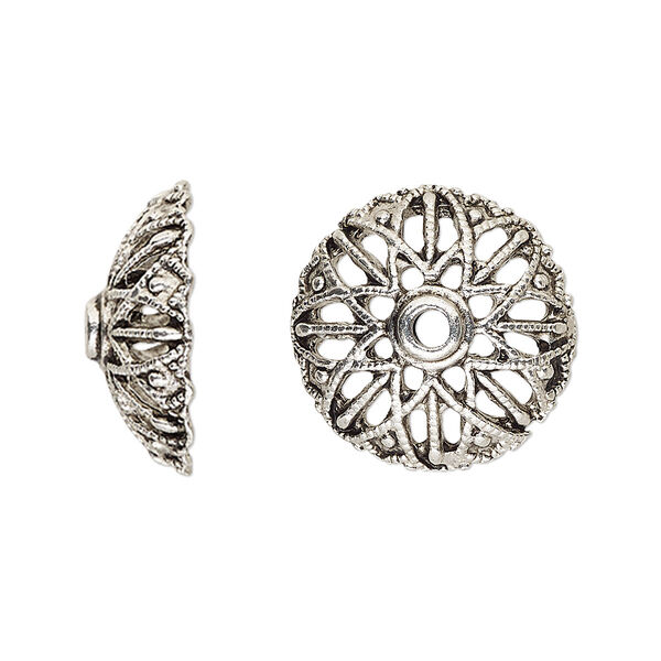 Bead cap, antique silver-finished "pewter" (zinc-based alloy), 19x7mm round with open flower design and 2mm hole, fits 18-24mm bead. Sold per pkg of 12. image number 0