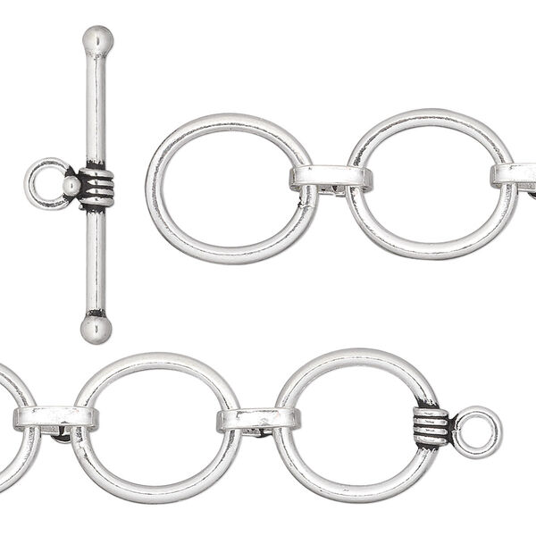 Clasp, toggle, antiqued sterling silver, 13x11mm with oval 4-ring extender. Sold individually. image number 0