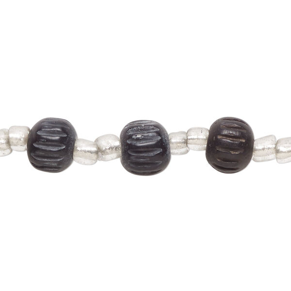 Bead, wood and glass, black and clear, 8x6mm-9x8mm corrugated rondelle with seed bead spacers. Sold per 12-inch strand, approximately 25 beads. image number 0