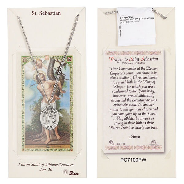 Necklace, stainless steel and Britannia pewter (tin-based alloy), 24x19mm oval with Saint Sebastian, 24-inch continuous loop. Sold individually. image number 0