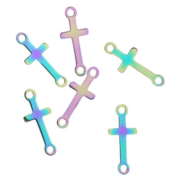 Link, electro-coated stainless steel, rainbow, 15x8mm double-sided cross. Sold per pkg of 6. image number 0
