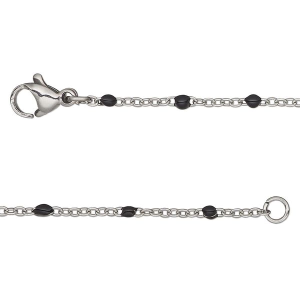 Chain, stainless steel and enamel, black, 1.7mm flat cable with 2mm ball, 24 inches with lobster claw clasp. Sold individually. image number 0