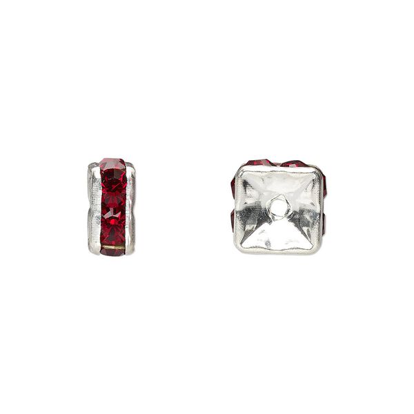Bead, glass rhinestone and silver-plated brass, garnet red, 8x4mm squaredelle. Sold per pkg of 10. image number 0