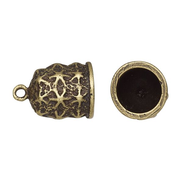 Cord end, JBB Findings, glue-in, antique brass-plated pewter (tin-based alloy), 15.5x14mm bell with star design, 10mm inside diameter. Sold individually. image number 0