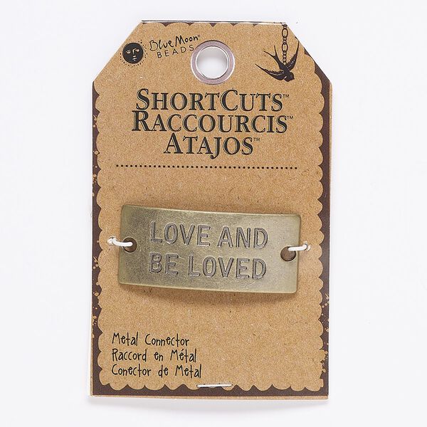 Focal, antique brass-finished "pewter" (zinc-based alloy), 45x20mm curved rectangle with "LOVE AND BE LOVED" and (2) 3.5mm holes. Sold individually. image number 0