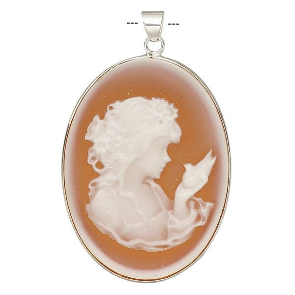 Pendant, acrylic and sterling silver, orange and white, 41x31mm oval cameo with woman and dove. Sold individually. image number 0