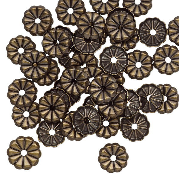 Washer, brass, 7mm single-sided flat round flower with pressed petal design and 1.4mm hole. Sold per pkg of 50. image number 0