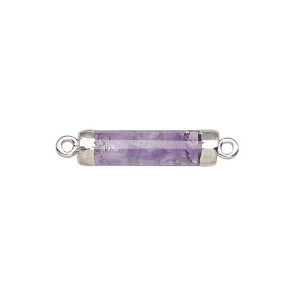 Link, amethyst (natural) / electroplated silver / silver-plated sterling silver, 20x5mm-21x6mm hand-cut faceted tube. Sold individually. image number 0