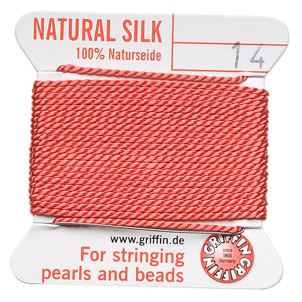 Thread, Griffin, silk, coral, size #14. Sold per 2-meter card (approximately 78 inches). image number 0