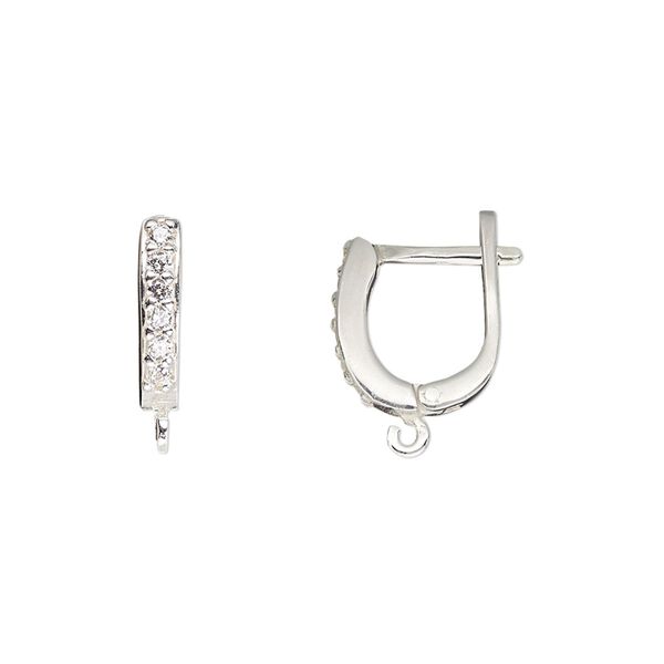 Earring 1pkg2 sterling silver / cubic zirconia, 12mm oval / latch-back / open loop, clear 1 pair image number 0