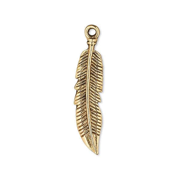 Charm, antique gold-finished "pewter" (zinc-based alloy), 28x7mm double-sided feather. Sold per pkg of 10. image number 0