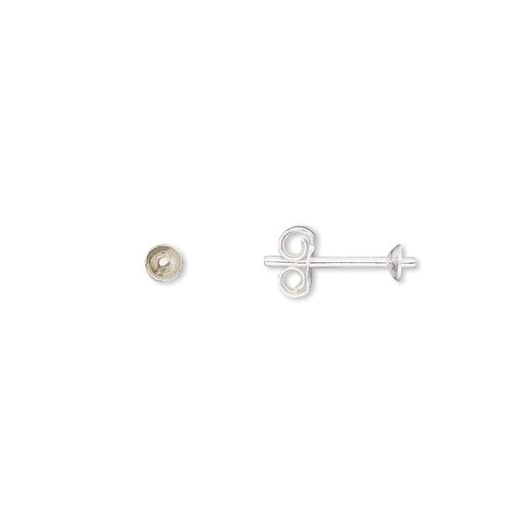 Earstud 1pkg10 sterling silver, 3mm cup / 1.5mm peg / 3-5mm half-drilled round setting / earnuts, 5 pair image number 0