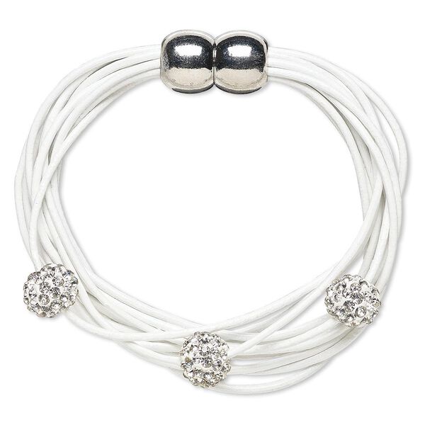 Bracelet, 10-strand, leather (dyed) / glass rhinestone / silver-plated "pewter" (zinc-based alloy), white and clear, 10mm round, 6 inches with magnetic clasp. Sold individually. image number 0
