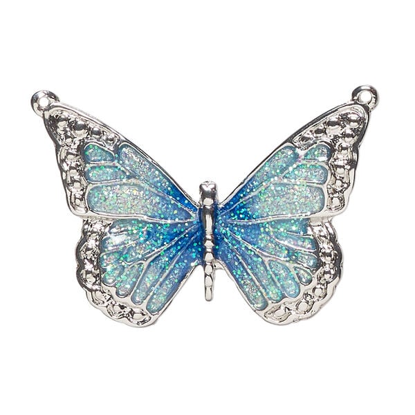 Connector, imitation rhodium-plated "pewter" (zinc alloy) and enamel, blue and green, 35x25mm single-sided butterfly. Sold individually. image number 0