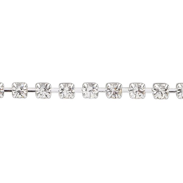 Cupchain, glass rhinestone and silver-plated brass, clear, 4mm round. Sold per pkg of 1 meter, approximately 160 cups. image number 0
