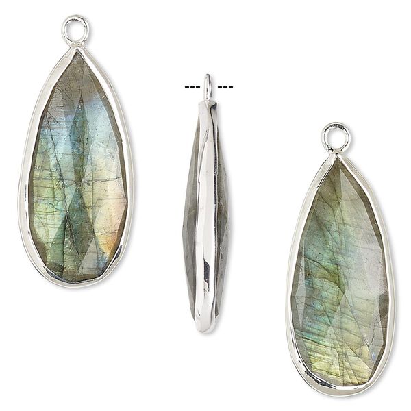 Drop, labradorite (natural) and sterling silver, 27x12mm double-sided faceted teardrop. Sold per pkg of 2. image number 0