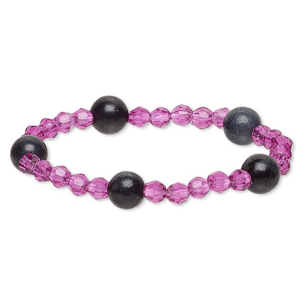 Bracelet, stretch, blackstone (dyed) and acrylic, purple, 5-6mm faceted round and 9-10mm round, 6 inches. Sold individually. image number 0