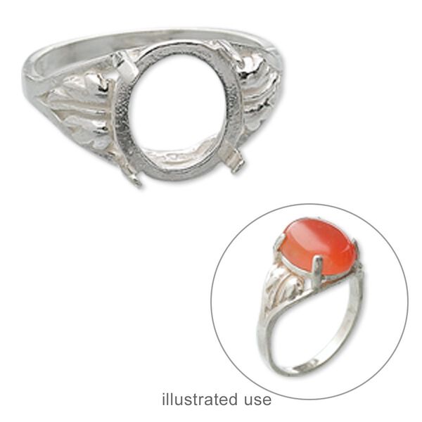 Ring, sterling silver, two-leaf band with 12x10mm 4-prong oval setting, size 8. Sold individually. image number 0