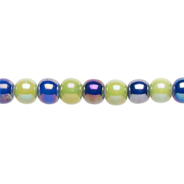 Bead, porcelain, opaque blue and green AB, 5-6mm round. Sold per 8-inch strand, approximately 35 beads. image number 0