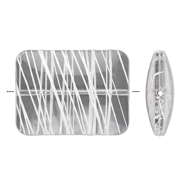 Bead, acrylic, semitransparent clear and white, 40x30mm puffed rectangle with painted line design. Sold per pkg of 12. image number 0