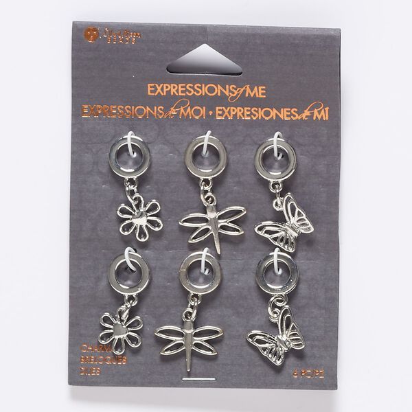 Focal mix, silver-finished "pewter" (zinc-based alloy) and steel, (2) 30x12mm flower / (2) 31x14mm butterfly / (2) 32x18mm dragonfly with cutout design and 6.5mm hole. Sold per pkg of 6. image number 0