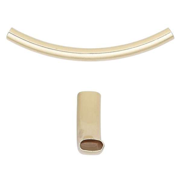 Bead, gold-finished brass, 42x6mm curved oval tube. Sold per pkg of 6. image number 0
