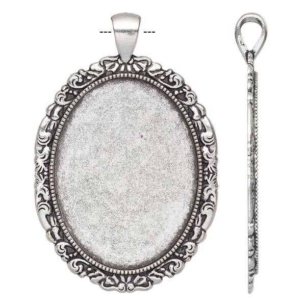 Pendant, antique silver-finished "pewter" (zinc-based alloy), 58x38mm single-sided oval with fancy design and 40x30mm non-calibrated oval setting. Sold individually. image number 0
