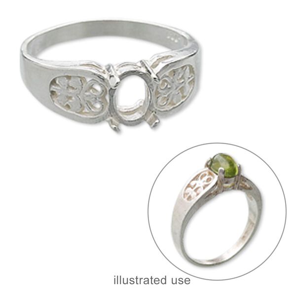 Ring, sterling silver, filigree band with 7x5mm 4-prong oval setting, size 7. Sold individually. image number 0